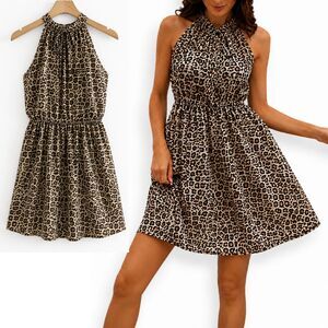 Leopard Print Halter Neck Mini Dress Womens M Animal Print Boho Safari